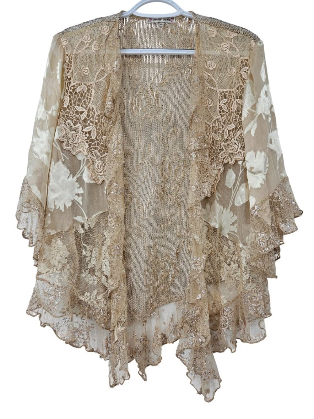Spencer Alexis Vintage Open Front Lace Kimono Cardigan Beige Women's Size M Boho